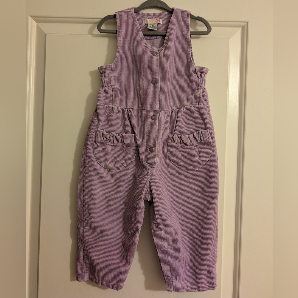 Vintage Little Rose Purple Corduroy Overalls Romper Ruffle Pockets 24m